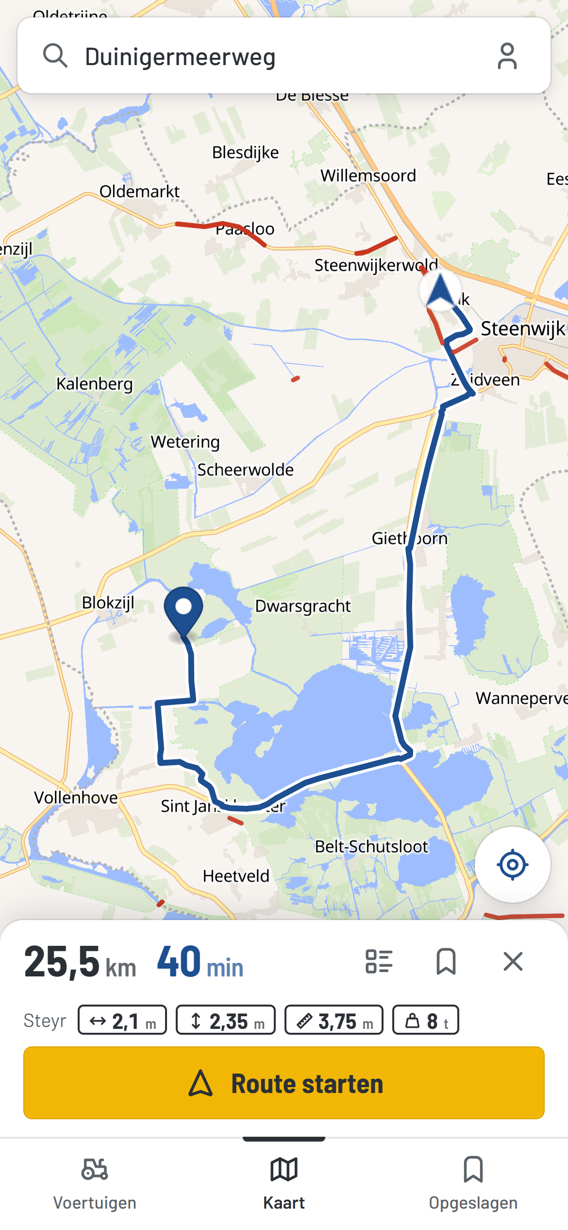 Werkroute-app met een route voor een trekker van Steenwijk naar Blokzijl, met de maten van het voertuig en de knop Route starten